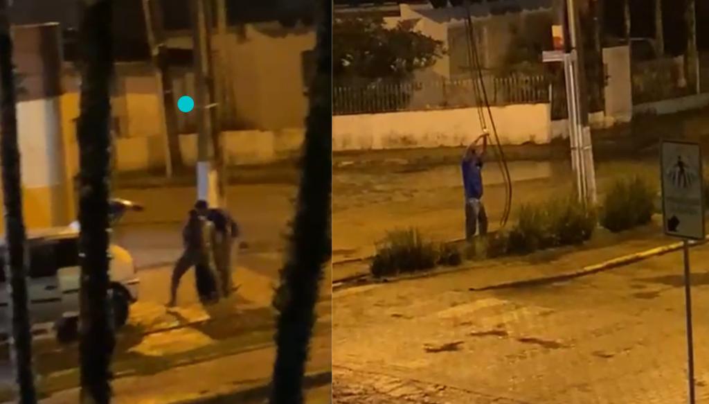 Furto de fiação é flagrado por câmeras no Centro de Tijucas Suspeitos